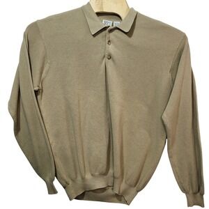 Field Gear Mens XL Tan Cotton Textured Knit Long Sleeve Polo Shirt Sweater Khaki